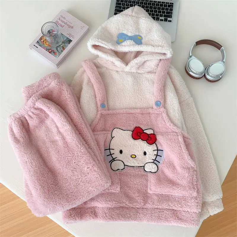 Kawaii Sanrios Hellokitty Hooded Pajamas Girl Knitted Long-Sleeved Cardigan Home Wear Coral Velvet Thickened Cartoon Casual Wear