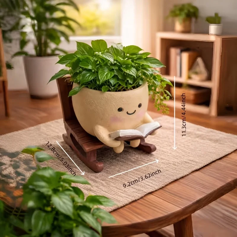 1PC Smiling Reading Resin Planter Pot, Cute Book Lover Flower Pot with Drainage Hole, 3-in-1 Succulent Planter & Pen Holder