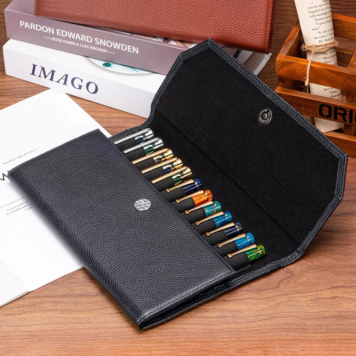 Asvine 12 Slots Fountain Pen Case Pen Storage Bag Genuine Leather Minimalist Waterproof Black/ Brown Case School Stationery