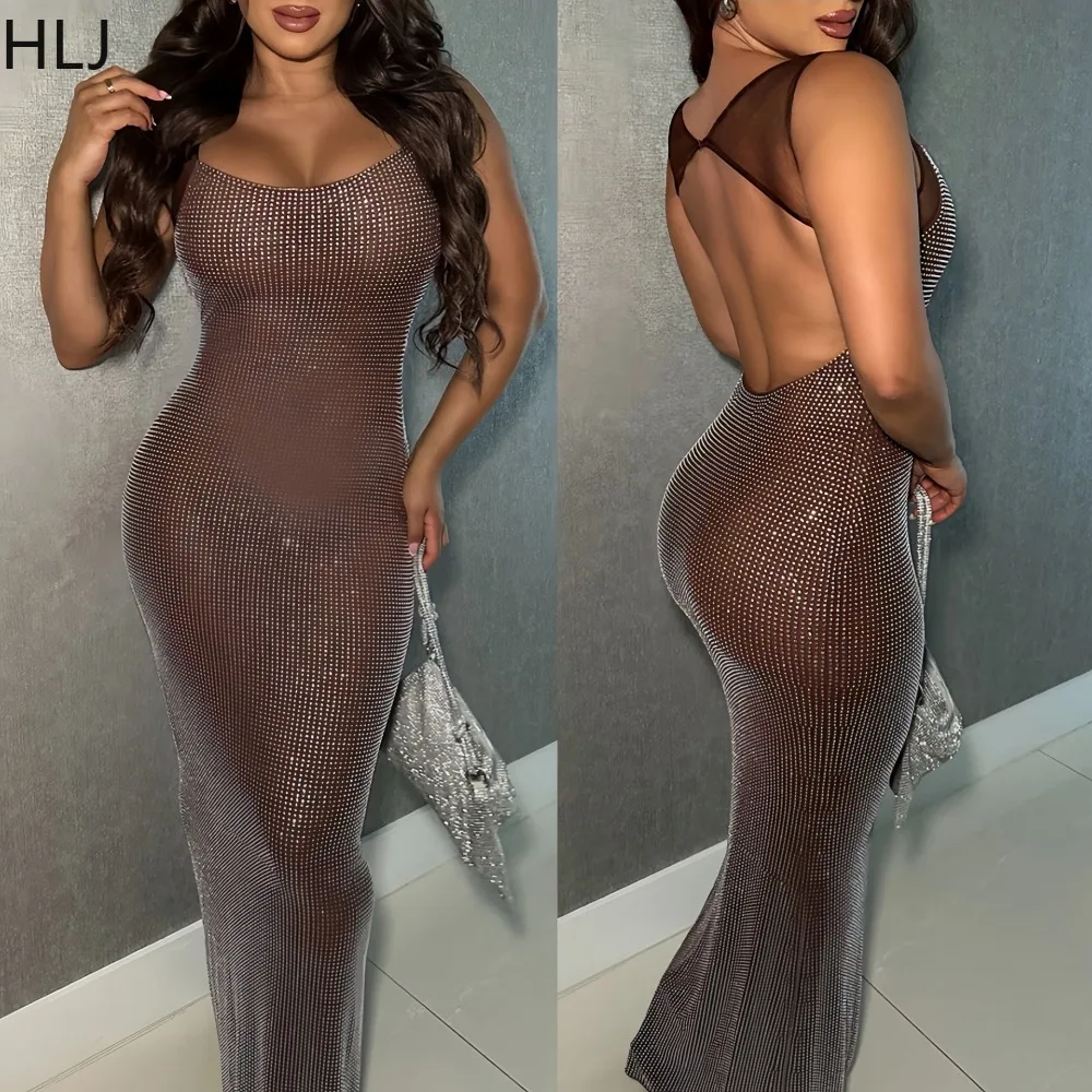 

HLJ Sexy Rhinestone Patchwork Bodycon Dresses Women Spaghetti Strap Sleeveless Backless Dress Female Nightclub Vestidos New