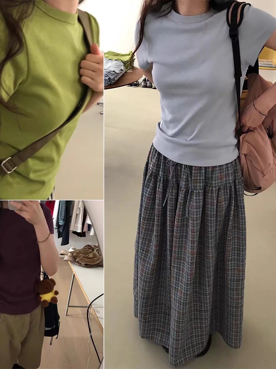 Vestido Longo Retro com Estampa Xadrez e Cordão, Conjunto de Cseta de Manga Curta em Cor Sólida, Estilo Casual F pa...