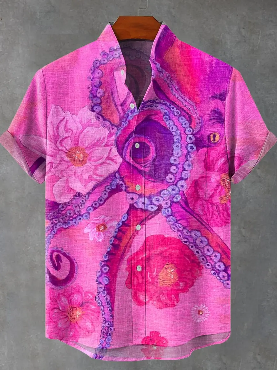 قميص هاواي الرجالي بأكمام قصيرة مطبوع عليه قطة ثلاثية الأبعاد بنمط نبات وزهور، قميص حفلات العطلات، مجموعة جديدة