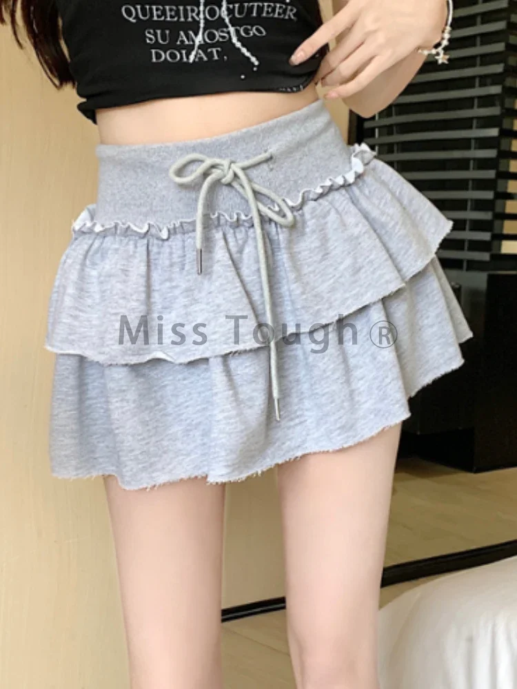 Fashion Casual Solid Elastic Waist Short Skirt Women Design Chic Loose Ruffle High Waisted Skirts Female Cute Thin Sports Skirt