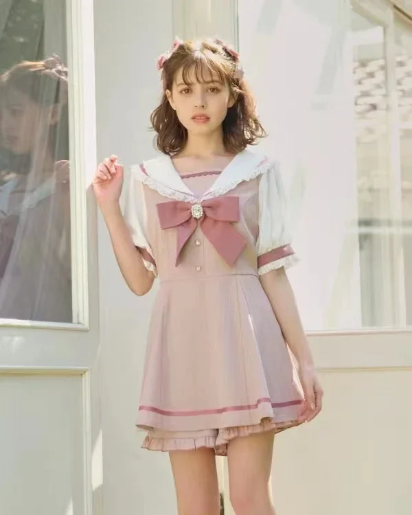 Rojita Japanse Matroos Kraag Lange Mouwen Jurk Voor Vrouwen Lente Zomer Sweet Lolita Strik Korte Broek Pak Dames Tweedelige Set