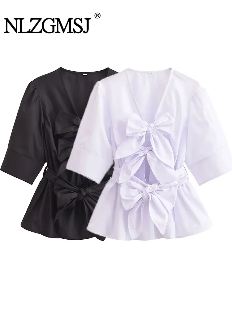 

2025 Women's Spring V-neck Blouse Bow With Bubble Sleeve Shirt Fashion Casual Y2k Shirts And Blouses Tops