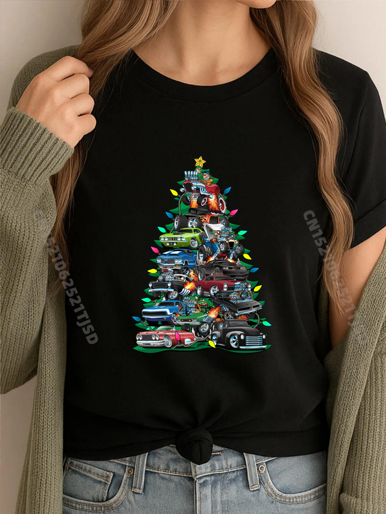 

Car Madness Christmas Tree! Classic Muscle Cars and Hotrods Street Wear T Shirt T Shirts For Woman