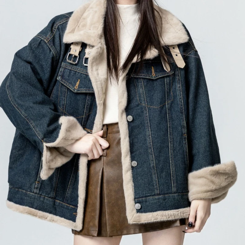 

Women's Denim Jacket with Added Fleece and Thickness, 2025 Winter New Motorcycle-style Cotton Jacket, Warm and Fluffy Top