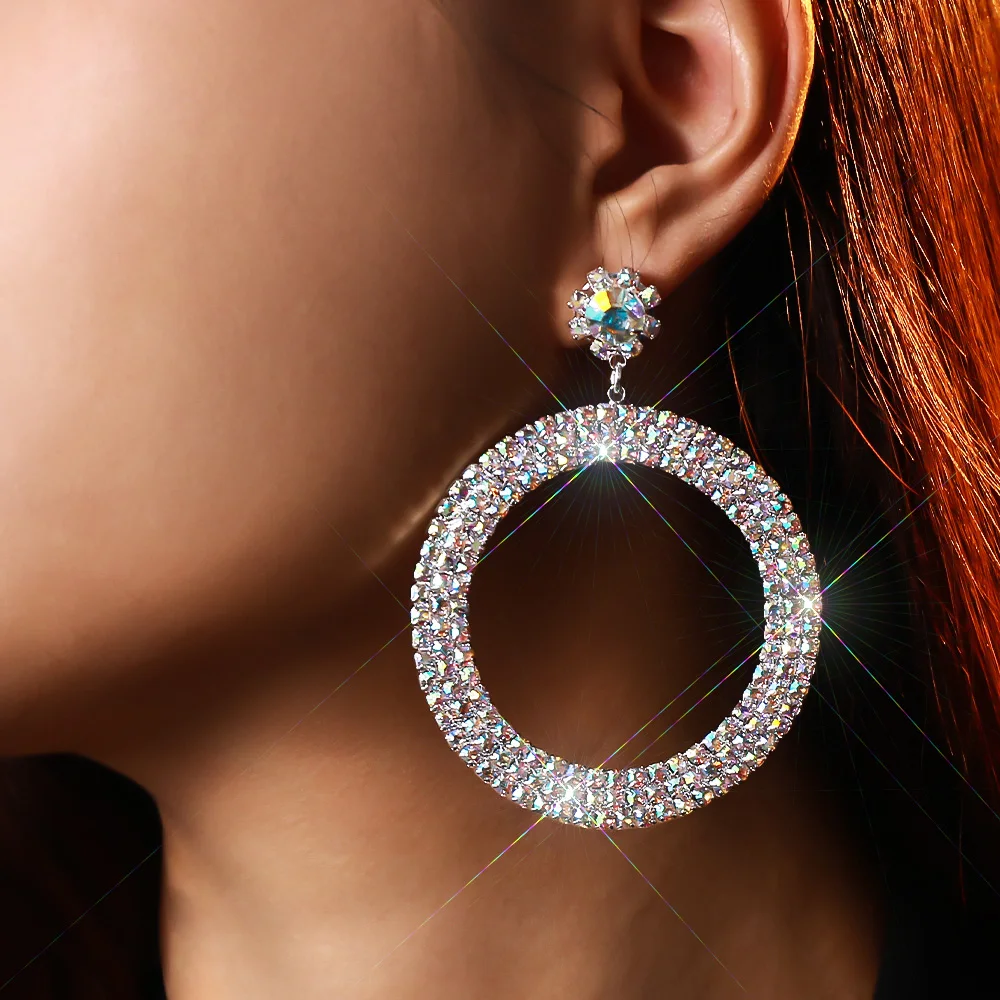 Stonefans ab Rhinestone Large Circle Pendant Earrings Jewelry for Women Statement Oversize Hoop Earrings Party Accessories