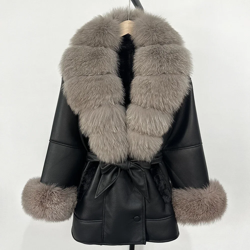 Frauen Lamm Pelzmantel Echt Fox Pelz Jacke 2025, Große Pelzmantel Faux Leder Mantel Herbst Winter Damen Mode Warme Outwear Tops
