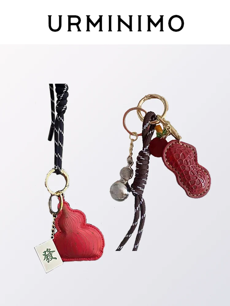 Top Layer Cowhide Peanut Good Things Happen Bag Charm Red National Style Gourd Keychain Accessory Fashionable Bag Decorations