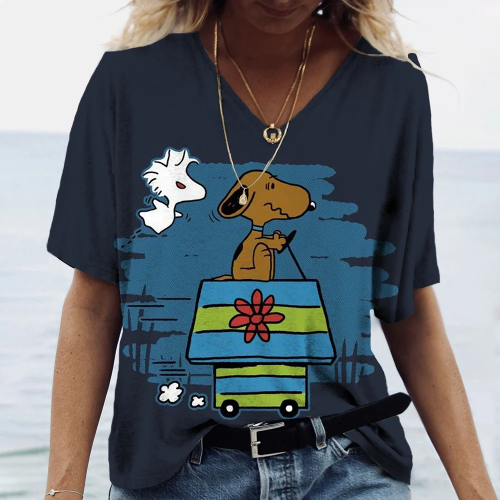 Summer Casual Loose Women\'s MINISO Snoopy Painting T Shirt Graphic Print V Neck Top Fashion 3d Print Plus Size Clothing ﻿