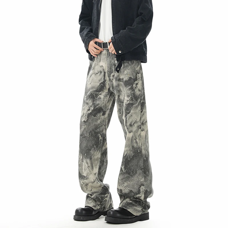 Camouflage Men's Denim Jeans Worn-out Washing Deconstruction Patchwork Design Loose Wide Leg Niche Male Jeans 2026