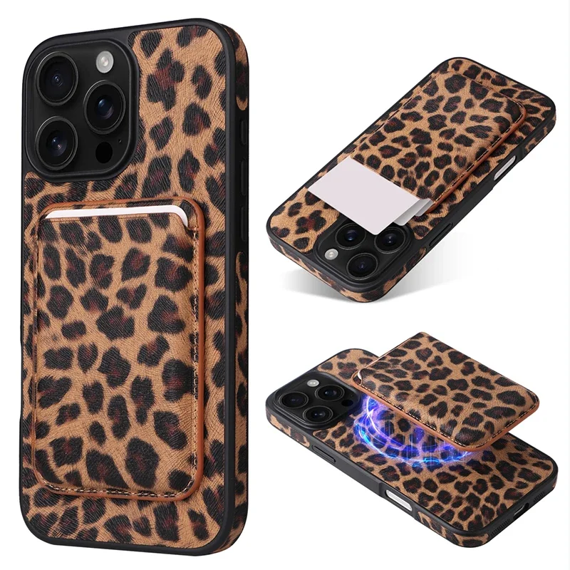 Business Magnetische 2IN1 Leopard Karte Halter Brieftasche Telefon Fall Für IPhone 16 15 14 13 Pro Max Für Mag-safe drahtlose Lade Abdeckung