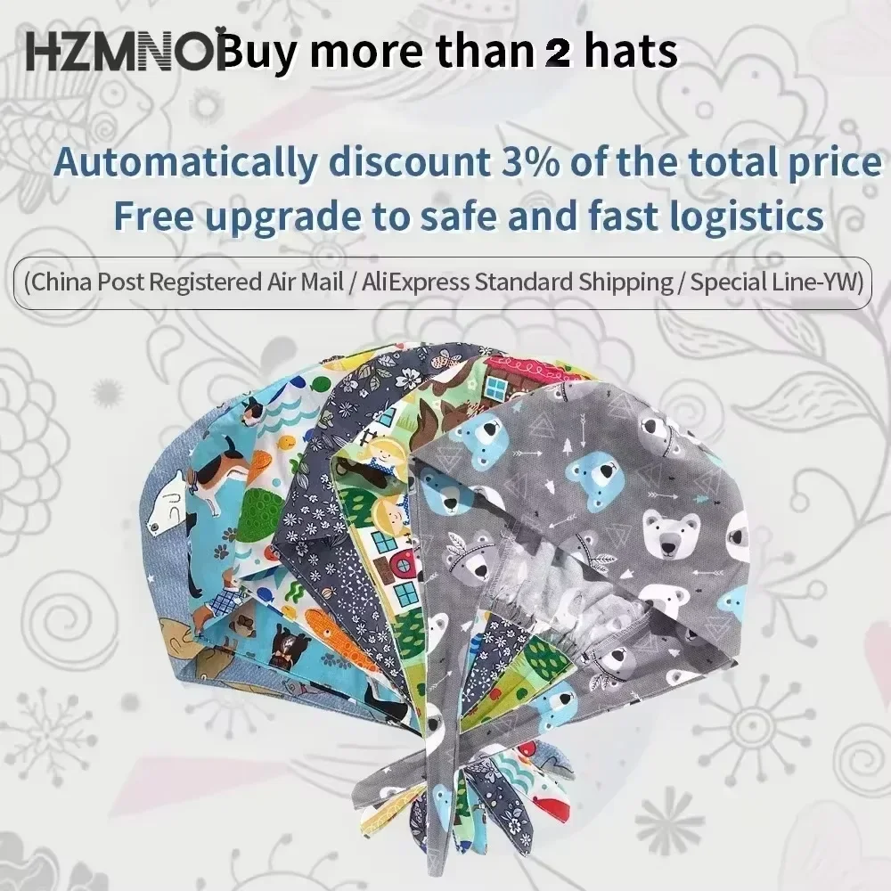 HZMNOI 100% Cotton Surgical Caps Printed Tieback Elastic Section Nurse Scrub Cap for Men Women Hospital Medical Hats New Arrival - Image 4
