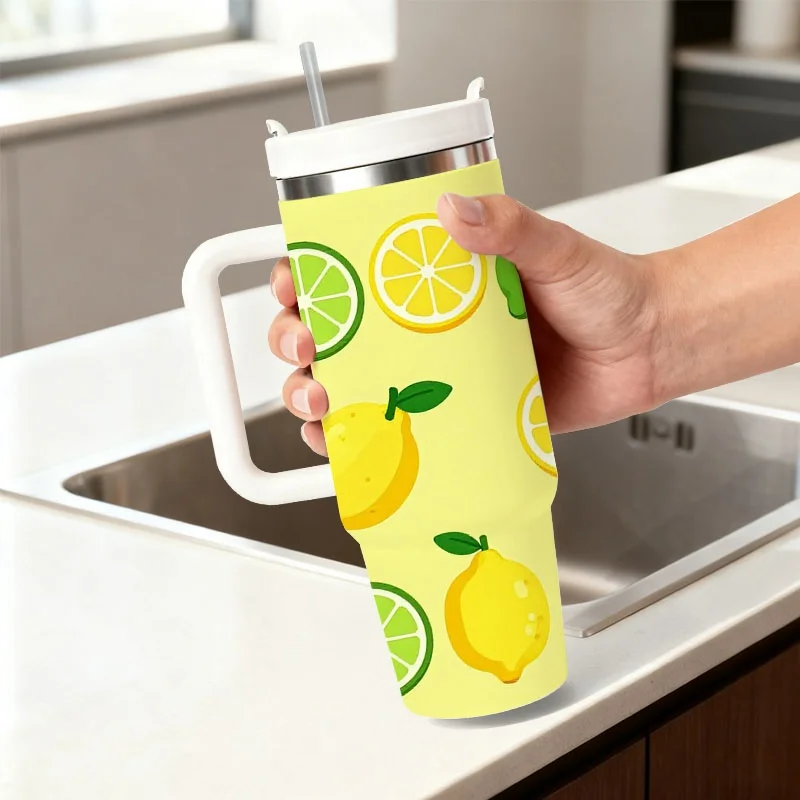 Playful Lemon Pattern 40oz Stainless Steel Insulated Tumbler, Vibrant Digital Print with Whole Lemons, Slices & Citrus Illustrations, Reusable Drink Cup Ideal for Daily Outdoor Use & Office Beverage Holding