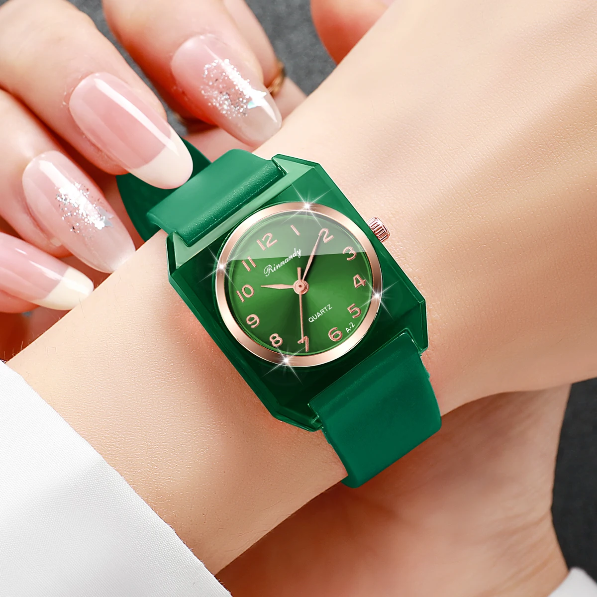 Fashion Arabic Dial Women Watches Square Green Silicone Strap Ladies Quartz Wristwatches Relogio Feminino (Without Box)