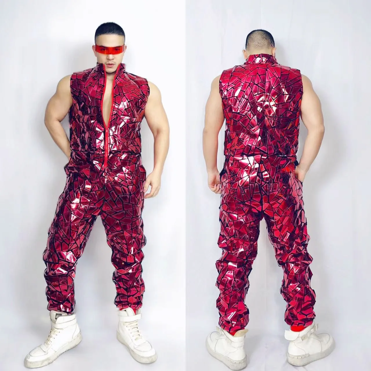 

Red Silver Laser Sequins Sleeveless Jumpsuit Hip Hop Dance Costume Male Women Nightclub Bar Gogo Overalls Performance Clothes