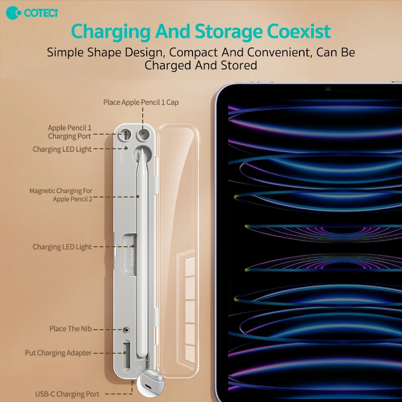 COTECi 2 in 1 Wireless Charging Pencil Box Case Magnetic Charging For  Apple Pencil Portable Accessory Fast Charging Box