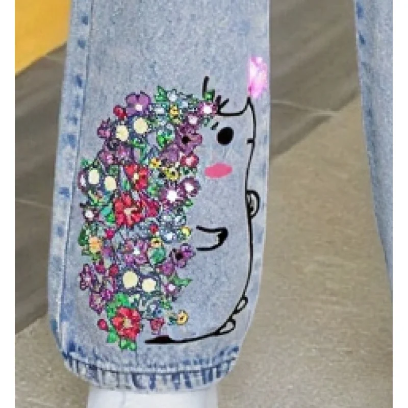 2025 Trend Girls Cartoon Hedgehog Printed Loose Pants - Elastic Waist Children's Casual Wide Leg Imitation Denim Pants