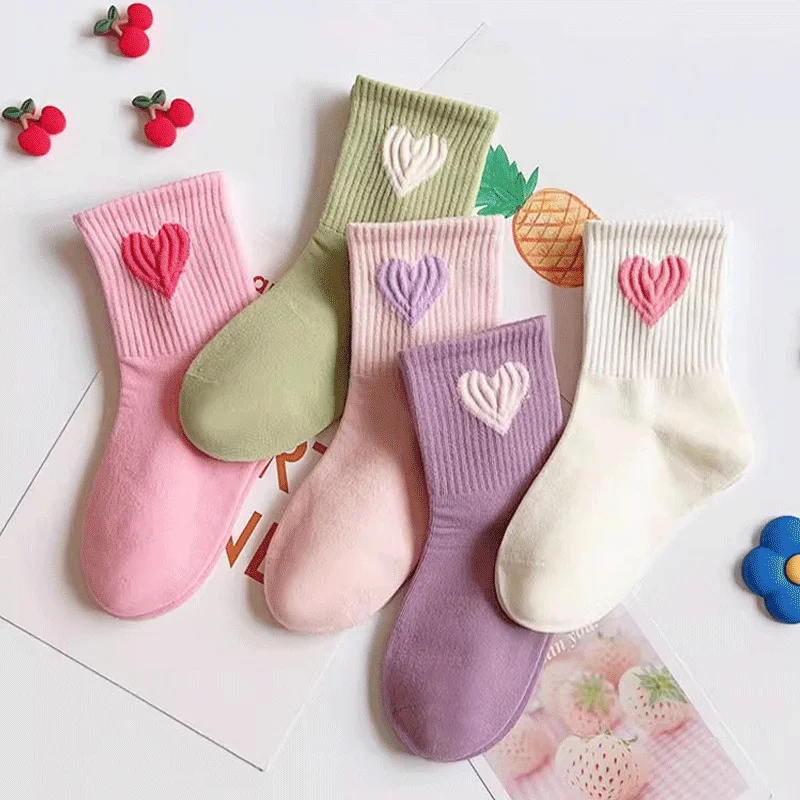 5Pairs/lot Kids Socks For Girls Spring Autumn Big Love Print Children's Girls Student Socks Fashion 2025 Teenage Sock 2-13Years