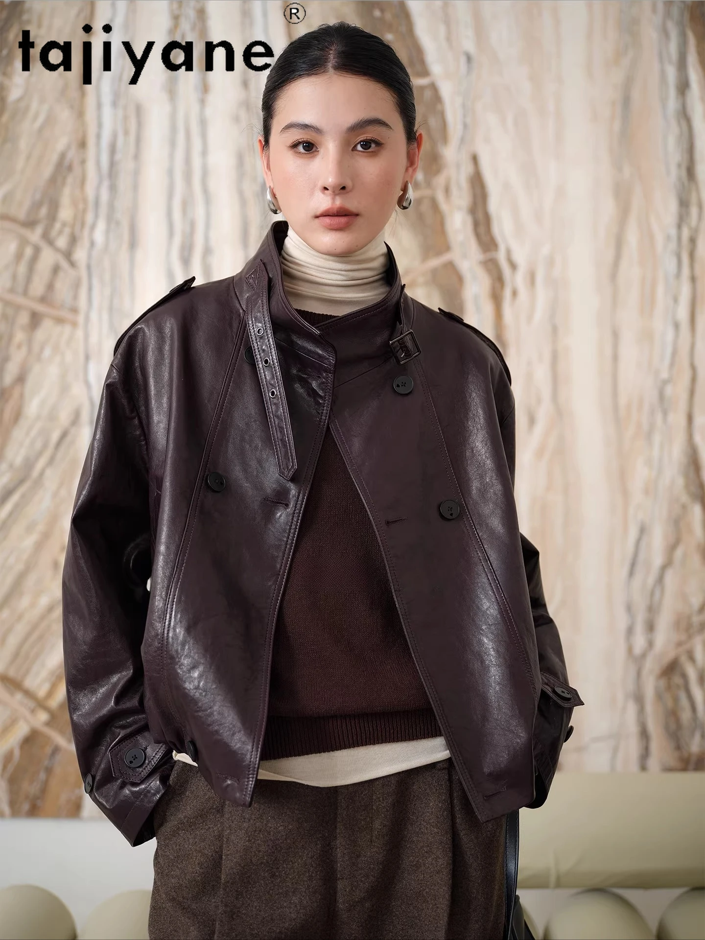 TAJIYANE Giubbotti di pelle di pecora a grana superiore in cera oliata Cappotti corti chic Giacca in vera pelle Donna 2025 Autunno Abbigliamento donna дубл onderка