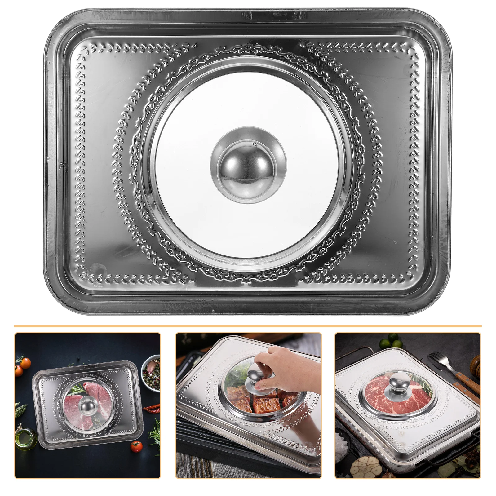

Stainless Steel Grilled Fish Plate Cover 36x27 Food Lid Rectangular Tray Basting Protective Cover For BBQ Pan Kitchen Bar
