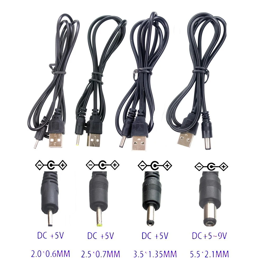 Adaptador de Cable de alimentación USB 2,0 A macho a CC 2,0*0,6mm 2,5*0,7mm 3,5*1,35mm 4,0*1,7mm 5,5*2,1mm Cable de cargador de conector Jack