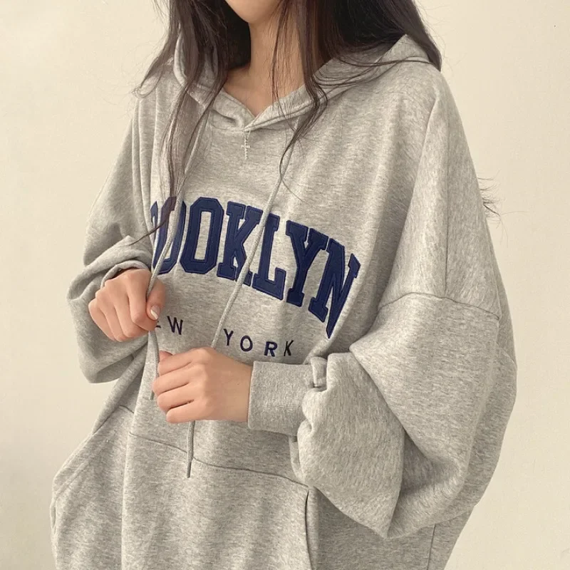 BROOKLYN Letter Print Hoodies Women Retro Chic Long Sleeve Loose Pullovers 2024 Harajuku Casual Hooded Sweatshirt Y2K Streetwear