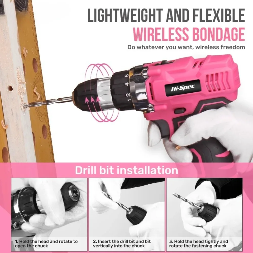 Hi-Spec Pink Electric Screwdriver Drills Kit Home Tool Kits Set Repair Electric Cordless Drills Complete Tool Box Kit Hammer