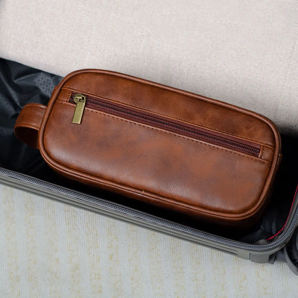 Men Leather Wash Bag Travel Business Trips Portable Cosmetic Bag Large Capacity Multi Pocket Design Handheld Leather Wash Bag