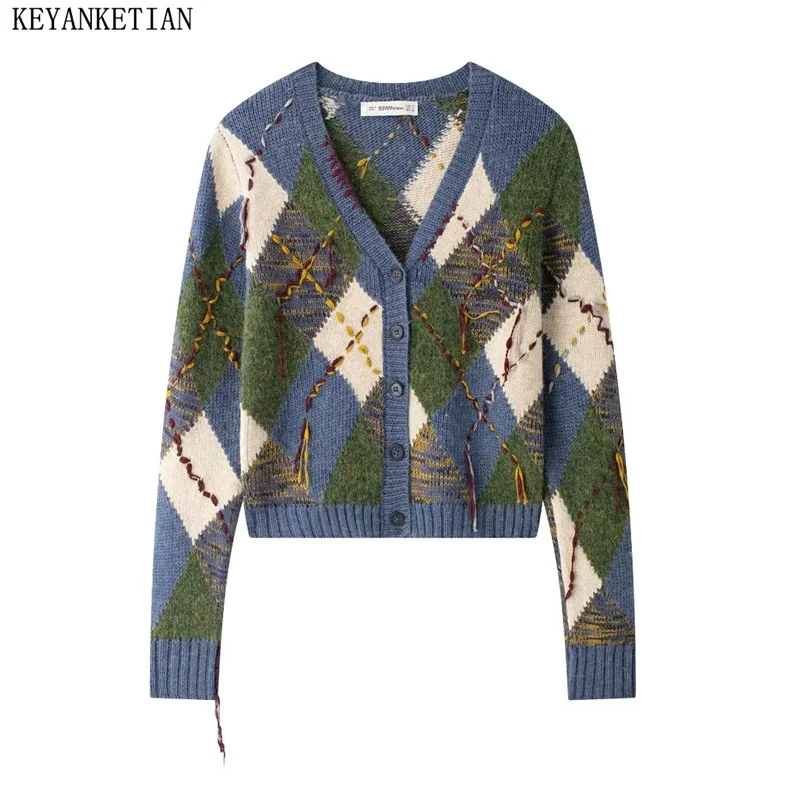 KEYANKETIAN 2024 Autumn/Winter New Women's Diamond Check Jacquard Knit Cardigan Retro style Tassel Decoration Buttons Sweater