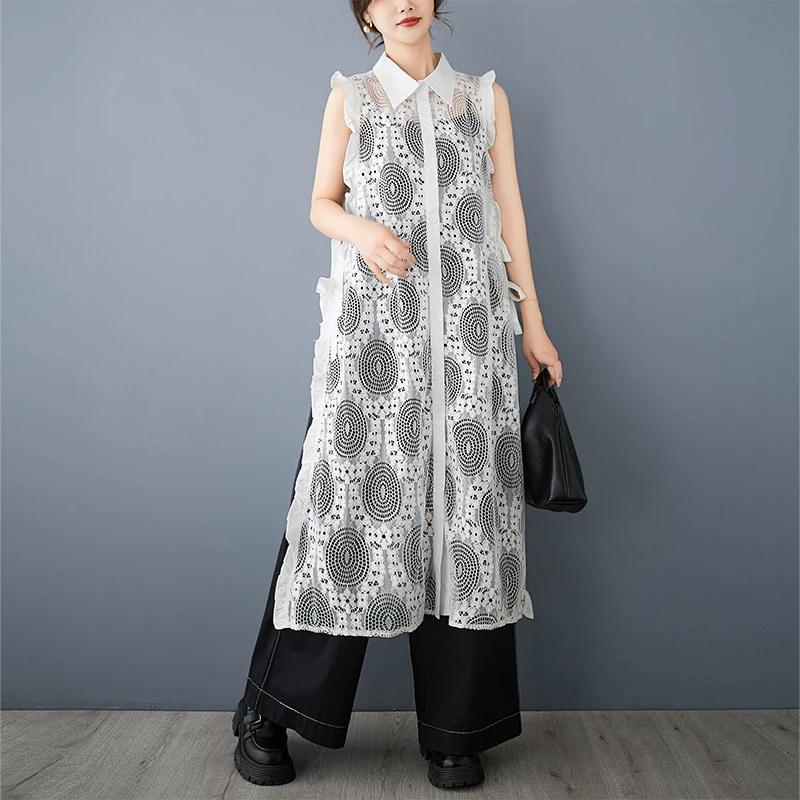 봄 여름 레이스 속이 비치는 벨트형 베스트 드레스 큰 사이즈 여성용 턴다운 칼라 롱 스플릿 커버업 스커트 베스트 드레스