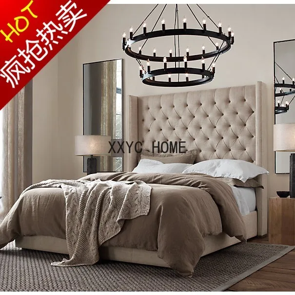 

French rural retro furniture fabric bed Italian light luxury linen soft bed