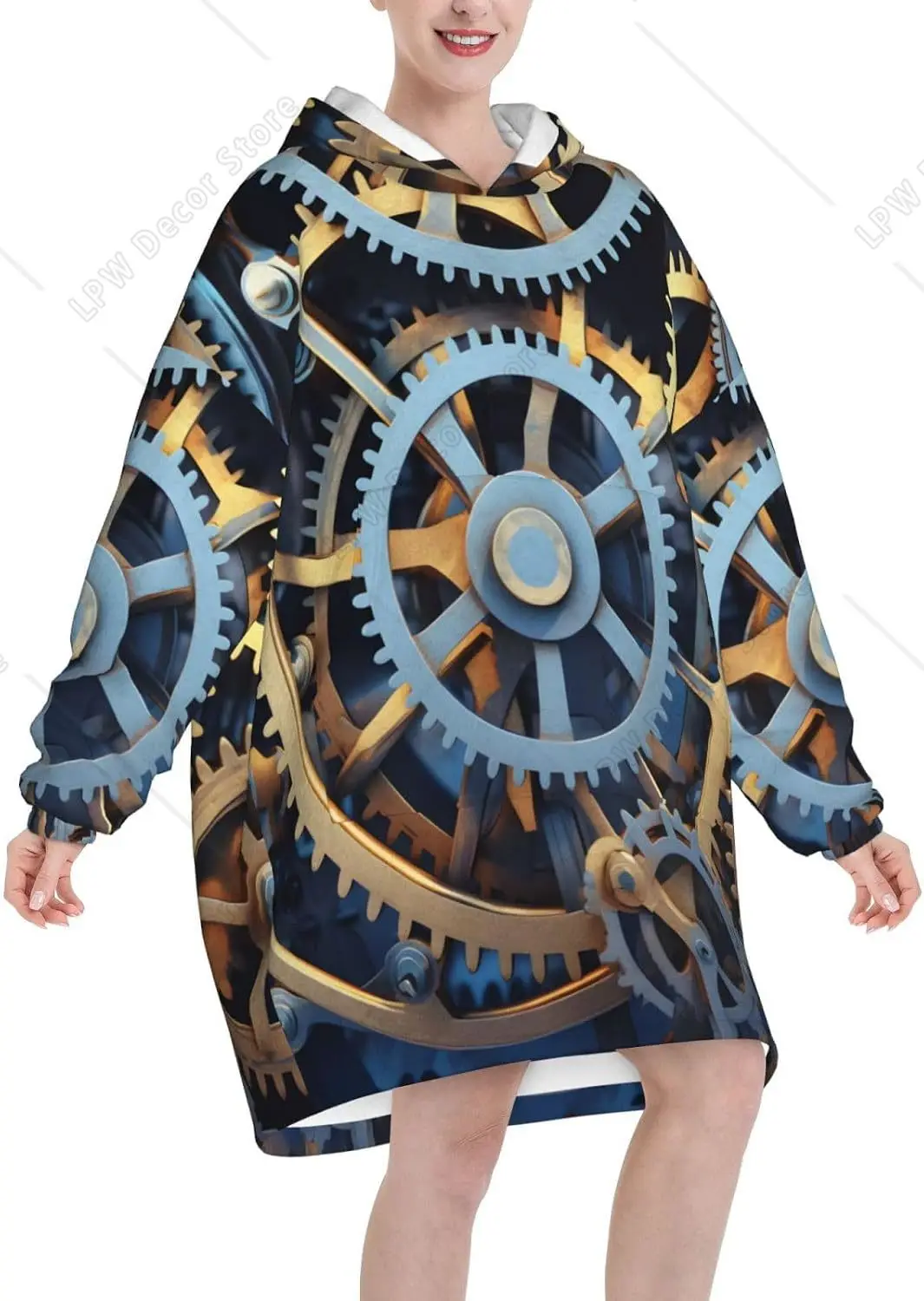 Clock Gears Wearable Blanket Hoodie For Women Men,Soft Warm Blanket Flannel Hooded Sweatshirt With Pocket
