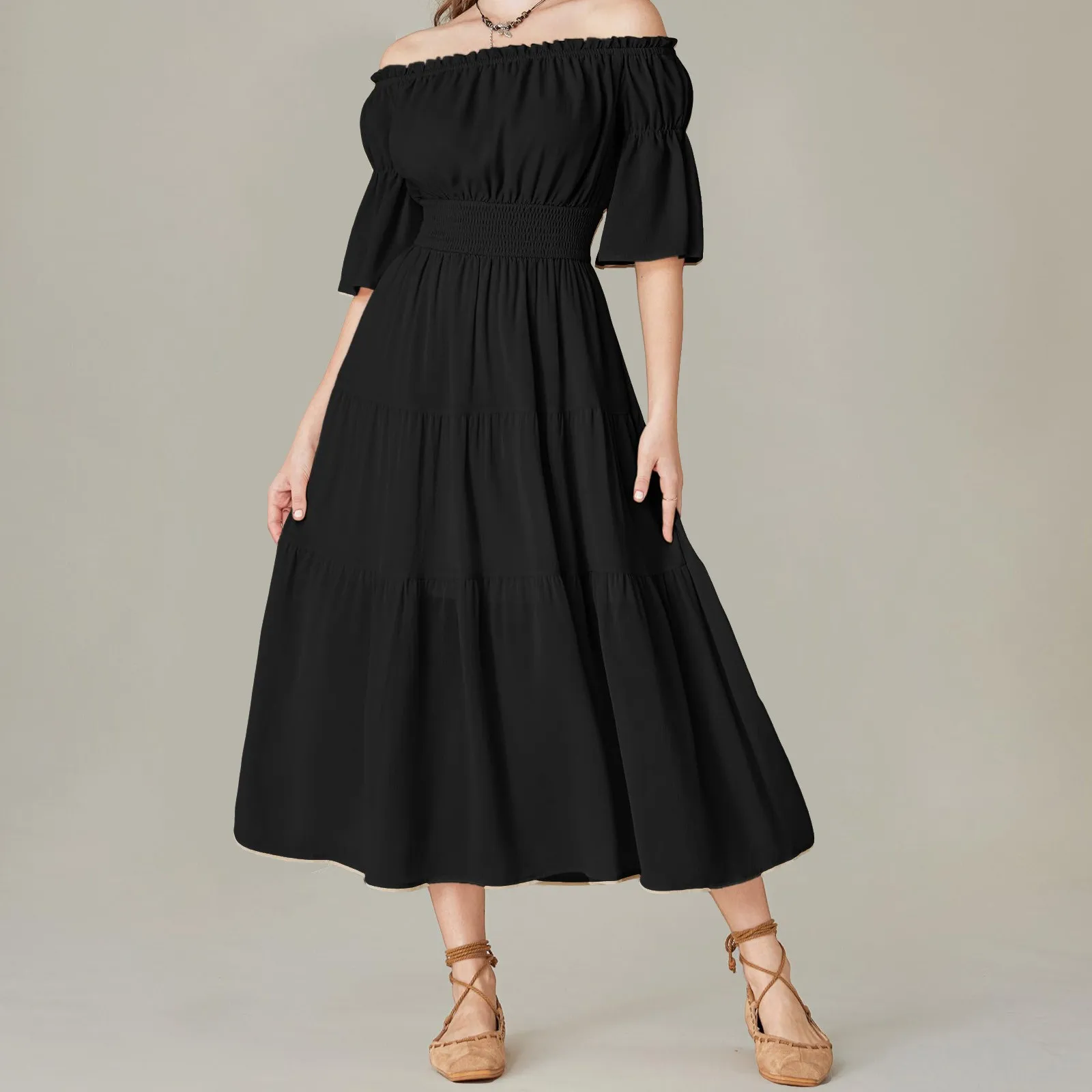 Elegante effen kleur bladerdeeg korte mouw damesjurk ruches off-shoulder elastische tailleband jurken boho stijl gewaad femme vestidos