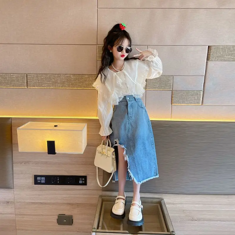 Korean Childrens Wear 2023 Spring Set Fashionable Girls Spring Wear Childrens Denim Set Skirt Girls Fashion Cotton Sets