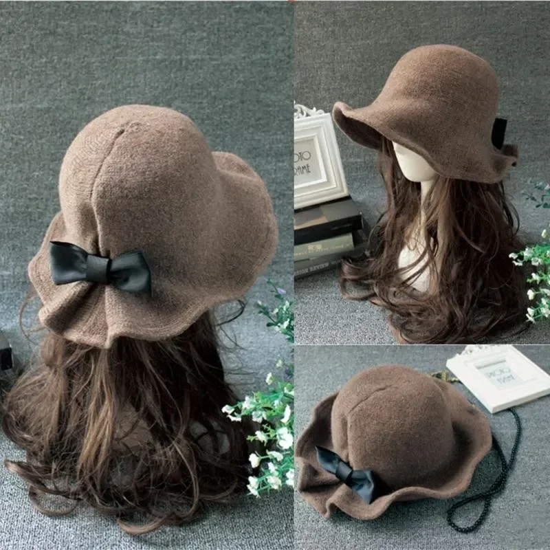 Sombreros de cubo de lana Vintage para mujer, sombrero de lavabo con lazos a la moda, sombrero de pescador para mujer, sombrero de invierno de color café negro y Camel oscuro