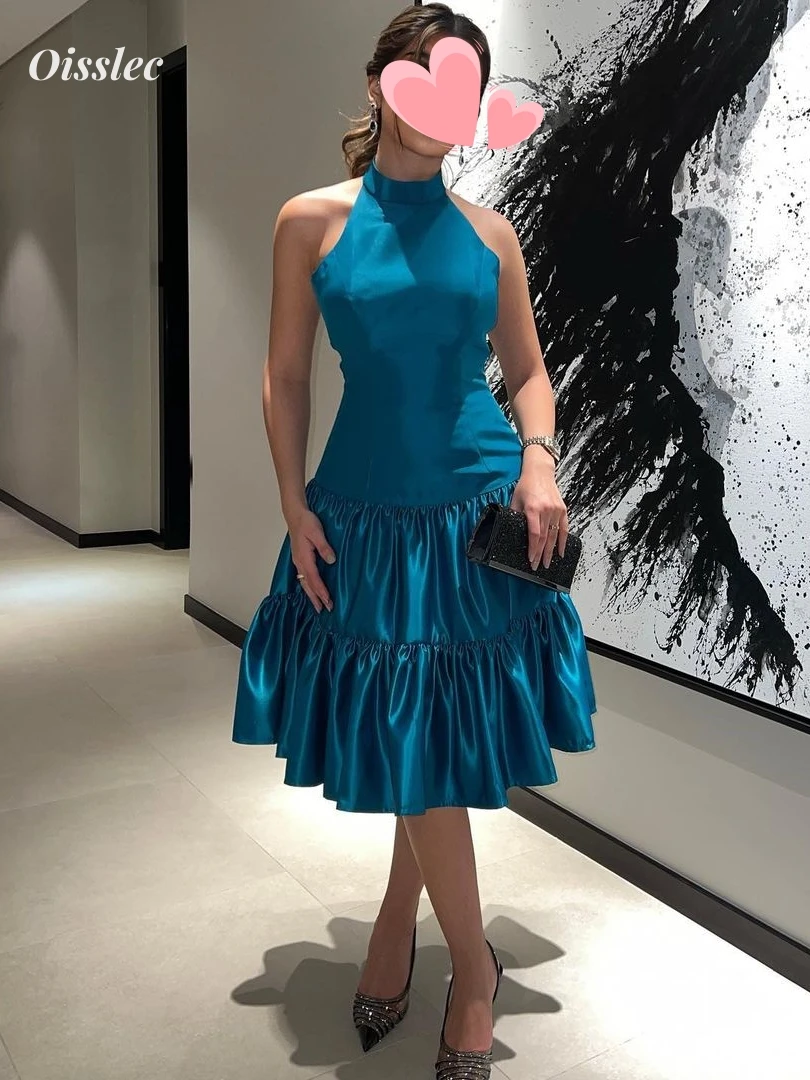 

Oisslec Dress Elegant Vintage Sweet Peacock Blue Ruffle A-Line Short Customize Formal Occasion Prom Dress Evening Party Gowns