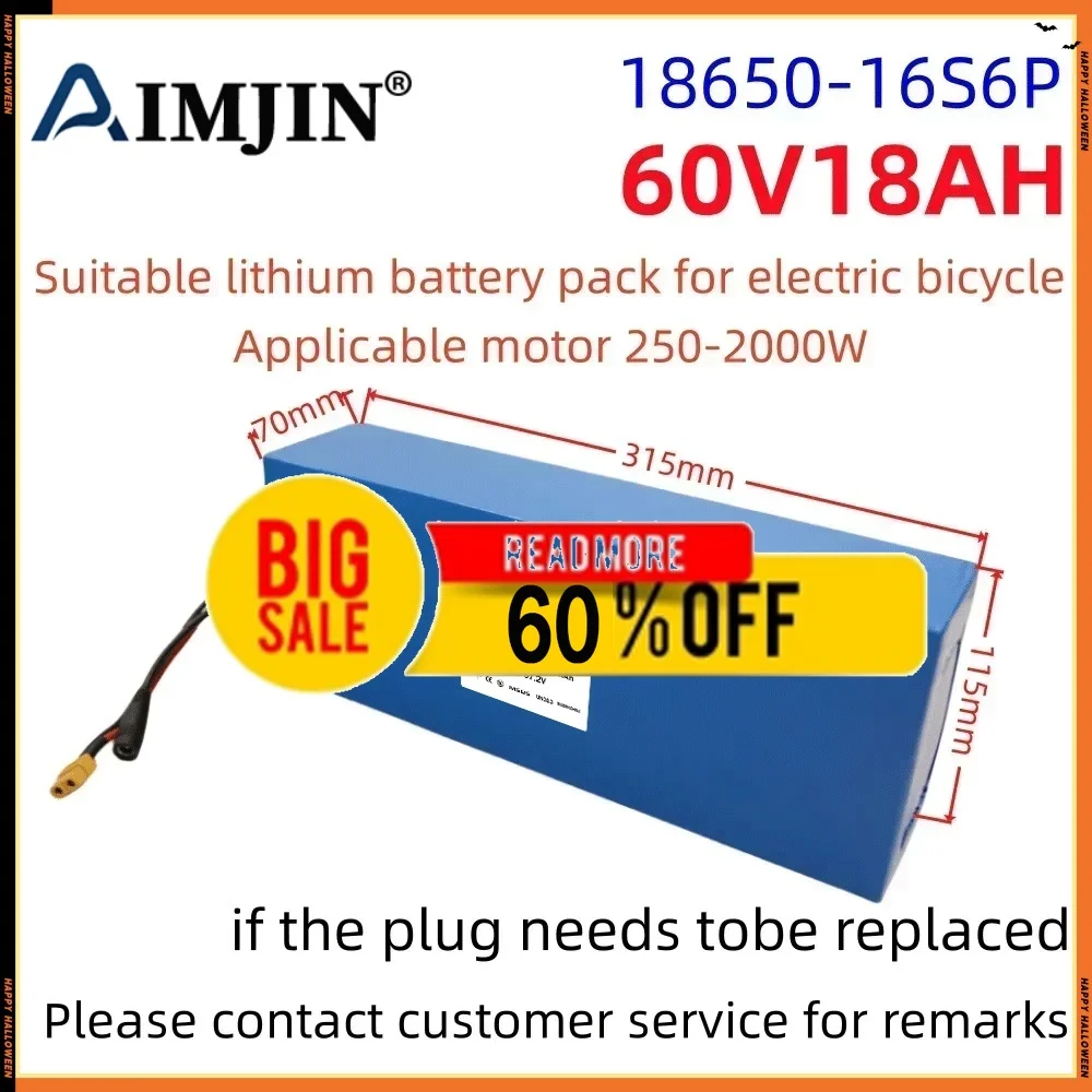 🌈🌈2026 60V New Full Capacity Power 18650 Lithium Battery 18ah Lithium Battery Pack 16S6P Suitable for 250-2000W