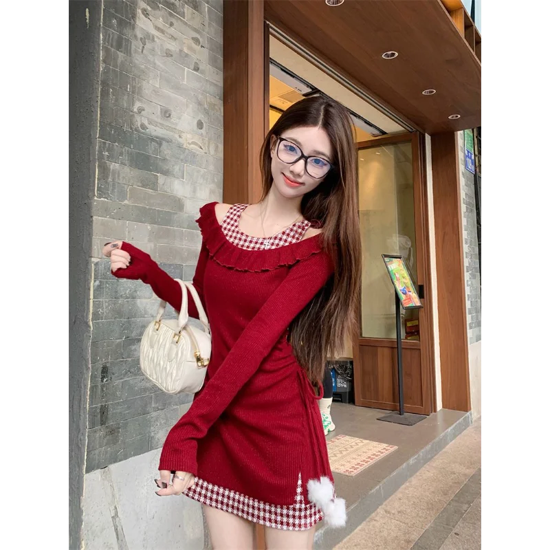 Pulôver feminino de manga comprida cor contraste terno de Natal xadrez vermelho emenda vestidos de quadril