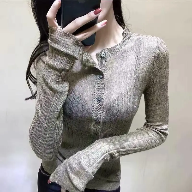 Knitted Sweater Pullover Women Tops Korean Chic Long Sleeve Button Half Open Neck Sexy Slim See-through Thin Y2k Tops