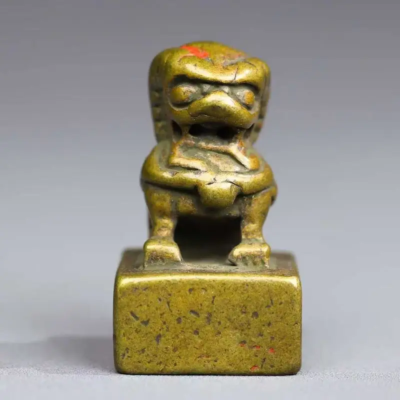 Antique Solid Brass Pixiu Engraved Auspicious Beasts, Inlaid with Cinnabar, Vintage Old Item, Copper Seal, Desktop Orn
