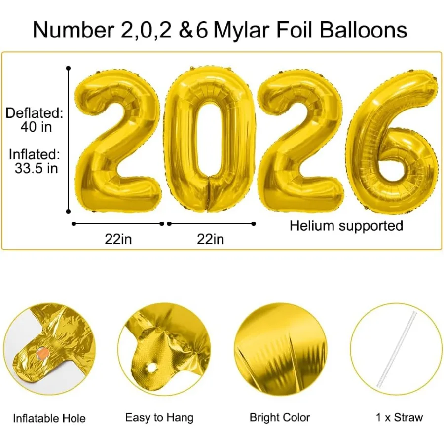 2026 بالونات 40 بوصة ذهبية 2026 رقم بالون 2026 احباط بالون 2026 زينة بالونات التخرج 20 22 26 60 62 رقم بالون