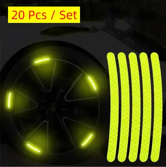 

20Pcs Fluorescent Yellow Car Wheel Hub Reflective Stickers Luminous Rim Stripe Tape For Motorcycle Bicycle Night Safety Decals