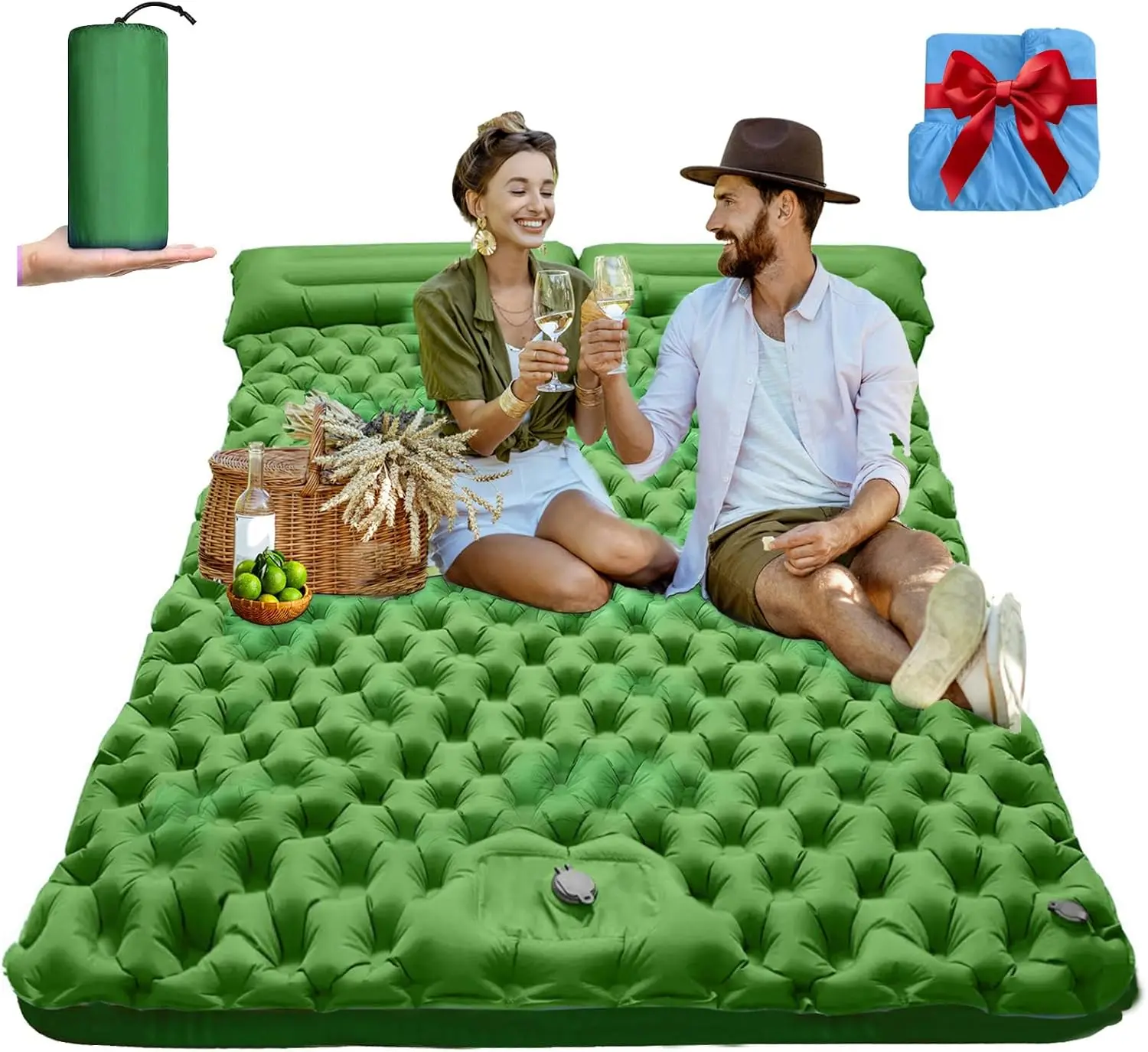 

Двойной самонадувающийся спальный коврик толщиной 4 фута для походов, походов, пляжей и путешествий в автомобиле — легкий и компактный