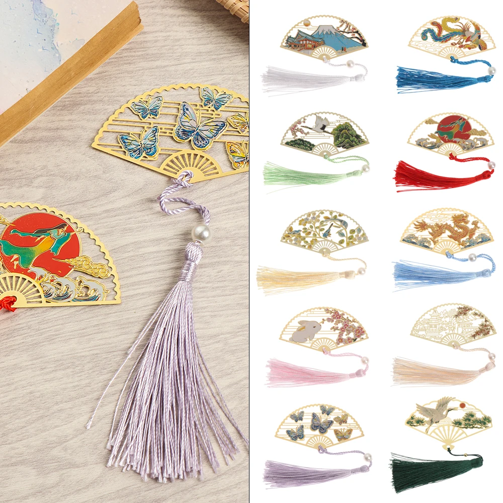 Chinese Style Stationery Tassel Flower Metal Pagination Mark Book Clip Folding Fan Shape Brass Bookmark