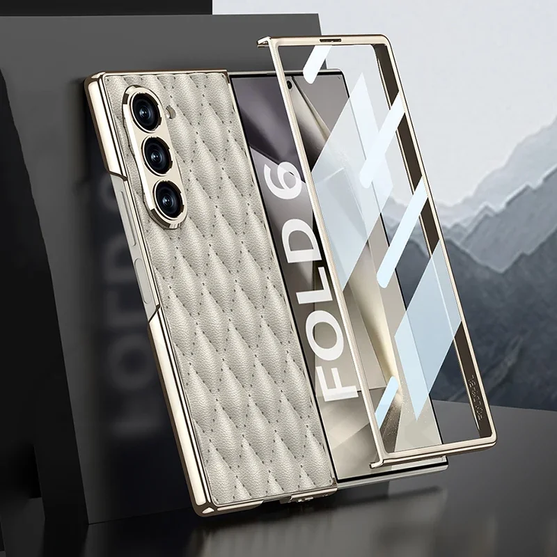 Para Samsung Galaxy Z Fold 6 funda de cuero de diamante de lujo chapado pantalla de cristal cámara cubierta protectora para Galaxy Z Fold6 5 funda