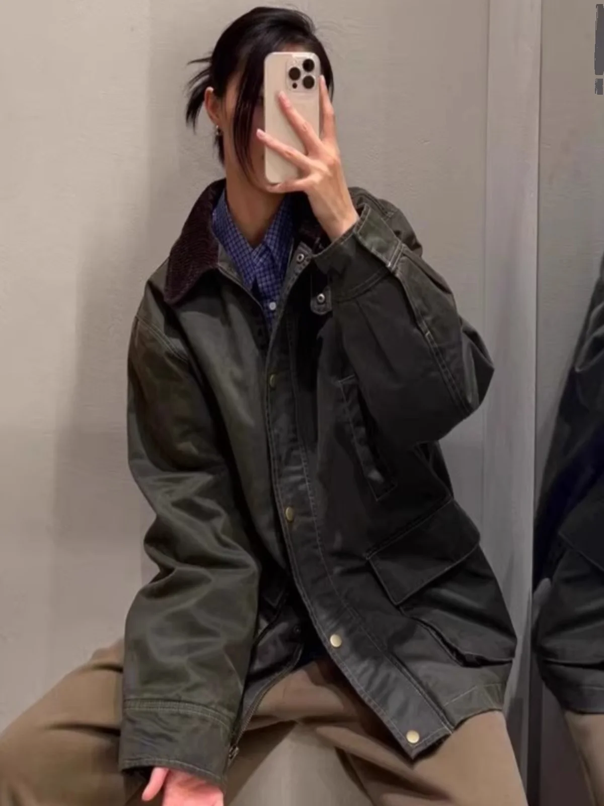 Amerikanischen Sle Lose Wachs Leder Jaet frauen Faion Herbst Winter Neue Ankunft Flip Kragen Samt Kragen ort Mantel