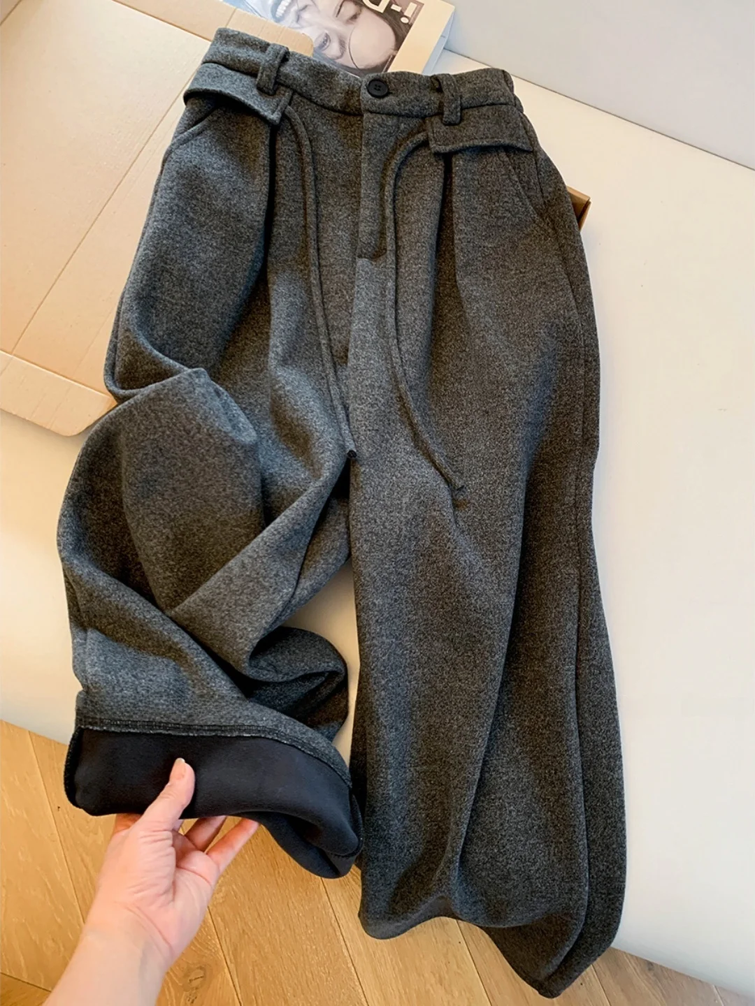 

High Waist Wide Leg Pants Women's plus Size Loose Fit Casual Straight Cut Autumn Winter Faion Knife Wool Blend Trousers