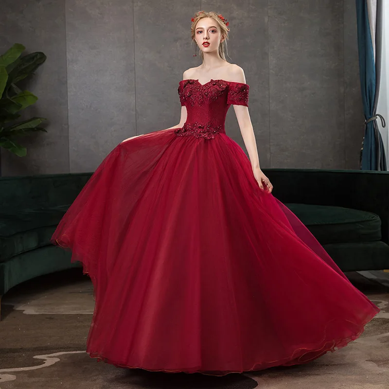 

Burgundy Ball gown dinner dresses gala lace off shoulder red luxury Solo evening dress Beauty fashion H256